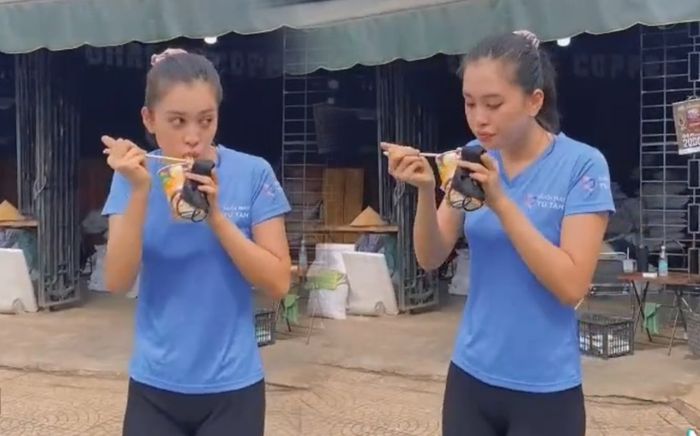 Tiểu Vy ăn mì tôm ngay bên thùng rác, nhan sắc khỏi chê nhưng lại bị soi chiếc quần 'tội lỗi'