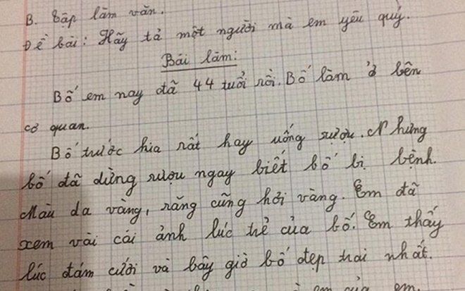 Học sinh tiểu học viết văn tả bố chỉ toàn kể xấu nhưng vẫn khiến dân tình 'thả tim' rần rần