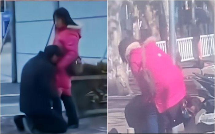 Người đàn ông quỳ gối, chui qua háng vợ giữa phố, thái độ sau đó của chị vợ khiến người đi đường bất bình