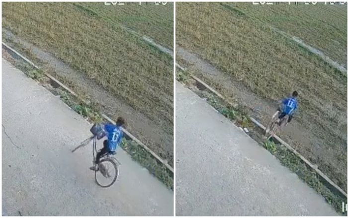 Đang đi thẳng bỗng 'mất lái' lao xuống ruộng, thái độ của 'quái xế' nhí khiến netizen dở khóc dở cười