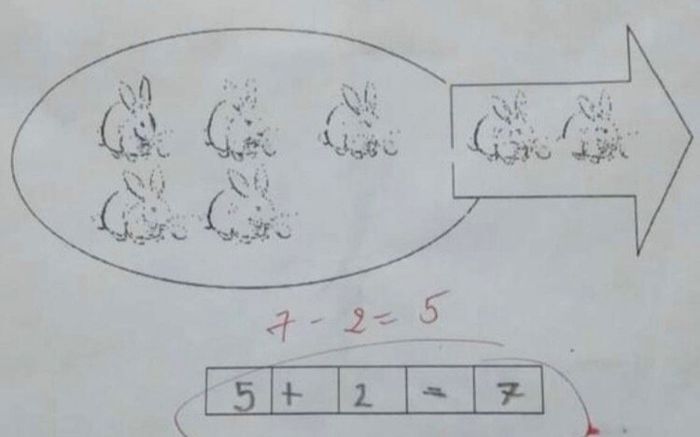Bài toán tiểu học với phép tính '5+2 =7' không được cô giáo công nhận gây tranh cãi