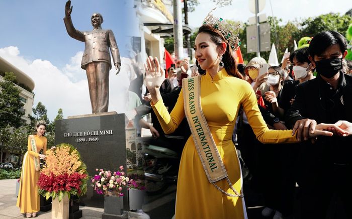 Hoa hậu Thùy Tiên xinh đẹp đi diễu hành, kính cẩn dâng hoa lên Tượng Đài Bác Hồ