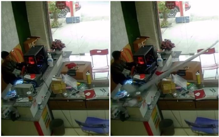 Thanh sắt lao như tên bắn vào cửa hàng, xé vỡ tan cửa kính nhưng netizen vẫn suýt xoa: 'May mắn'