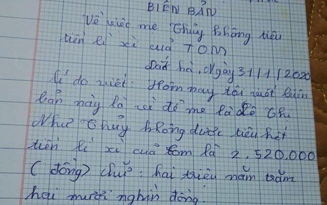 Đưa mẹ giữ tiền lì xì nhưng không yên tâm, cậu bé viết hẳn bản cam kết với điều khoản 'nghiêm ngặt'