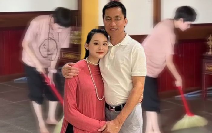 Giữa ồn ào 'nương tựa' đại gia U60, xuất hiện clip Hiền Hồ đeo xâu chuỗi, cầm chổi quét dọn trong chùa