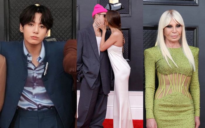 Thảm đỏ Grammy: BTS xuất hiện điển trai nhưng bị vợ chồng Justin Bieber giật spotlight với màn khóa môi