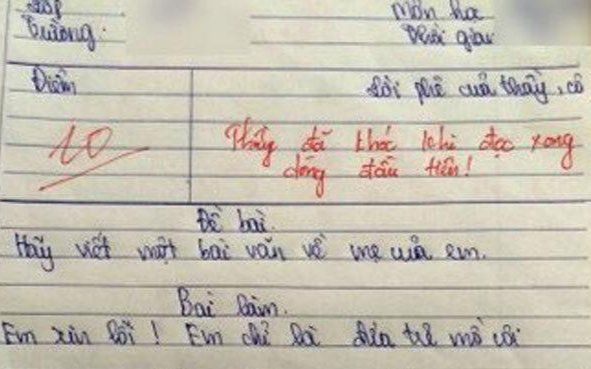 Bài văn của học trò lớp 6 được chấm điểm 10, thầy giáo bật khóc khi đọc dòng đầu tiên