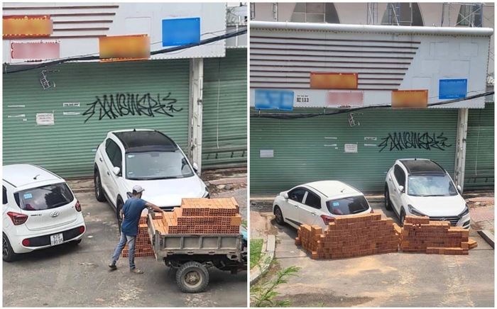 Hai ô tô đỗ trước cửa nhà, người đàn ông xếp hai hàng gạch chặn gây tranh cãi