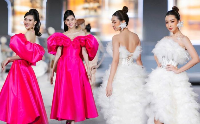 Đỗ Mỹ Linh lộng lẫy với váy đính kết 1000 lông vũ - Tường San tái xuất runway hậu sinh con