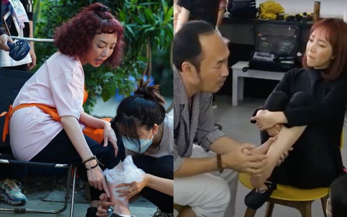 Thu Trang gặp chấn thương chân nghiêm trọng khi quay phim Nghề Siêu Dễ, Tiến Luật ân cần chăm sóc vợ