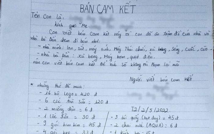 Bé trai trộm vặt đồ đạc của gia đình và hàng xóm, nhìn bản cam kết ai nấy cũng giật mình