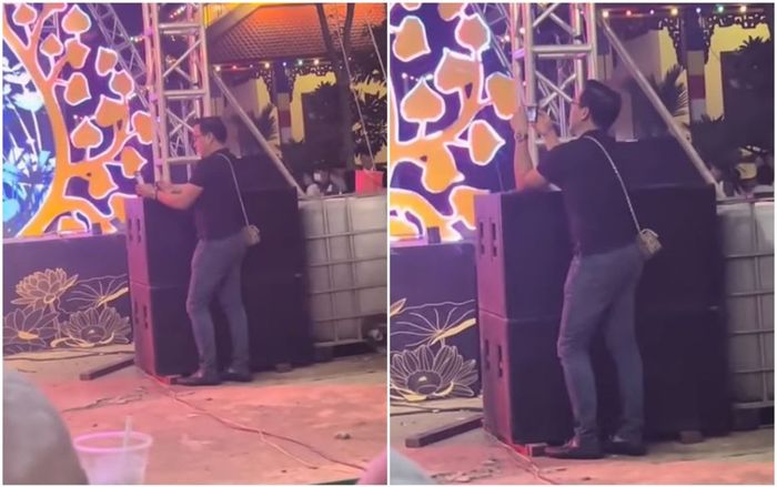 Xuất hiện clip 'vua cá Koi' hộ tống vợ mới đi diễn: Đeo túi hộ vợ, nép người dưới sân khấu quay hình