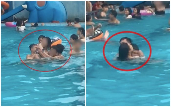 Xôn xao clip trốn người yêu đi bơi, gái xinh ngụp lặn với 3 chàng trai giữa bể với nhiều cử chỉ 'va chạm'