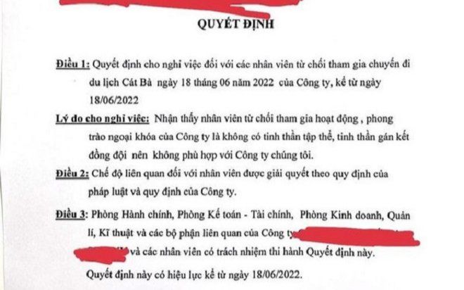 Quyết định cho nhân viên nghỉ việc nếu không tham gia team building gây tranh cãi, phía Công ty nói gì?
