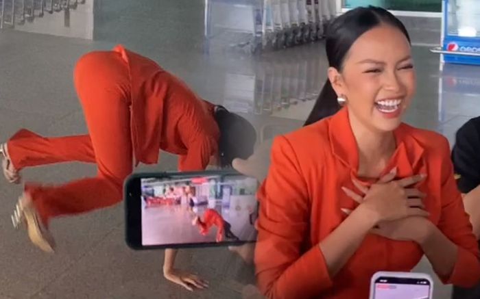 Ngọc Châu phá bỏ hình tượng hoa hậu, bất ngờ lộn mèo tại sân bay, chuyện gì đây?