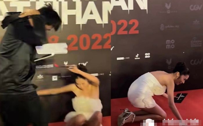 Bị dọa hú hồn, Nam Anh ngã sõng soài trên thảm đỏ sự kiện, còn suýt 'lộ hàng'