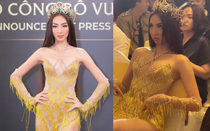 Hoa hậu Thùy Tiên mếu môi bất lực vì để lộ bụng mỡ ngay ở sự kiện