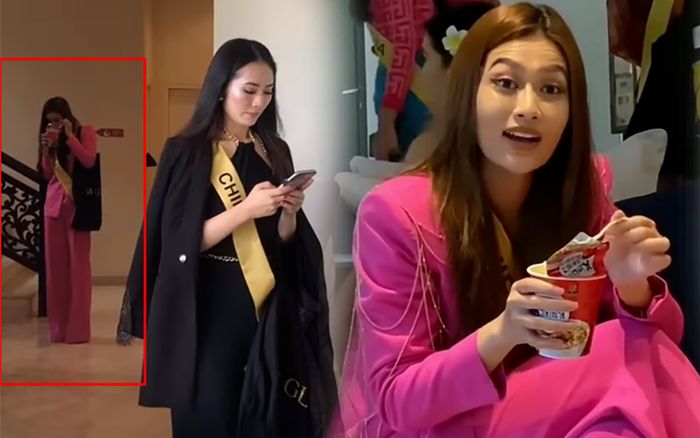 Hoa hậu Thiên Ân 'lủi thủi' ăn mì gói vội, núp sau dàn thí sinh vẫn bị fan phát hiện