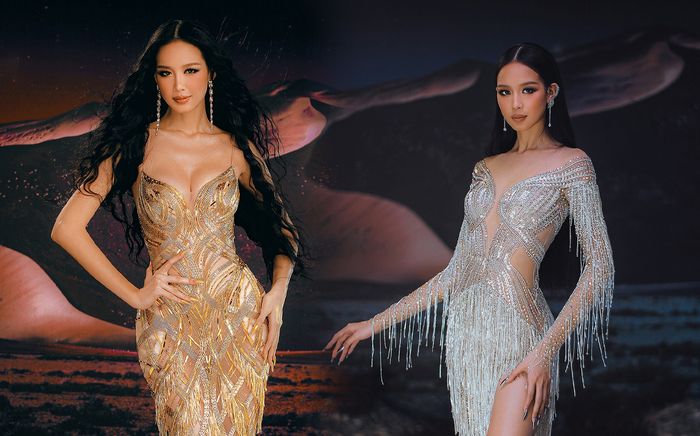 Á hậu Bảo Ngọc 'nhá hàng' váy dạ hội Chung kết Miss Intercontinental: Vàng quyền lực hay bạc quyến rũ?