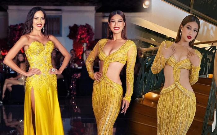 'Bỏ bê' chị đại Engfa, Thiên Ân diện váy vàng óng ánh cắt khoét hiểm hóc sánh đôi cùng đại diện Venezuela