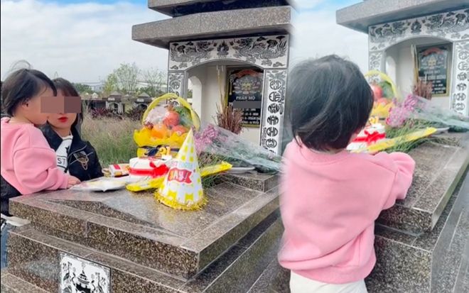 Nghẹn ngào khoảnh khắc người vợ đưa con gái nhỏ ra thăm mộ chúc mừng sinh nhật bố