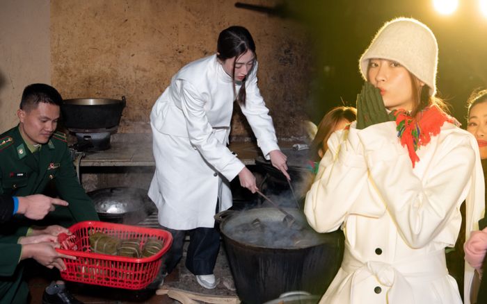 Bất chấp cái lạnh thấu xương, Lương Thùy Linh gói bánh chưng sưởi ấm cho các chiến sĩ biên giới
