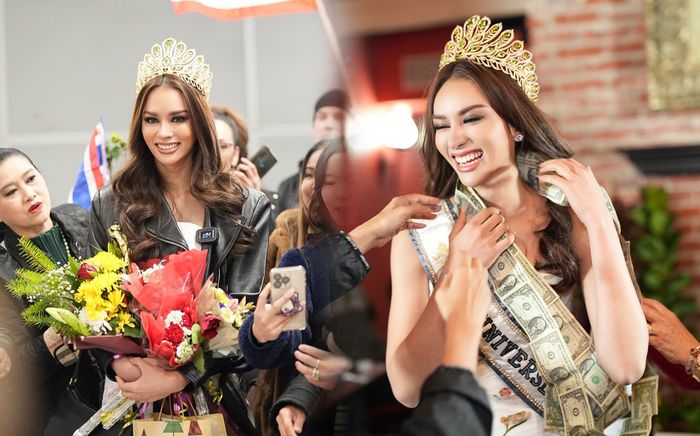Vừa sang Mỹ, Miss Universe Thailand 2022 được fan đeo tặng sash làm bằng tiền đô trông như 'phú bà'