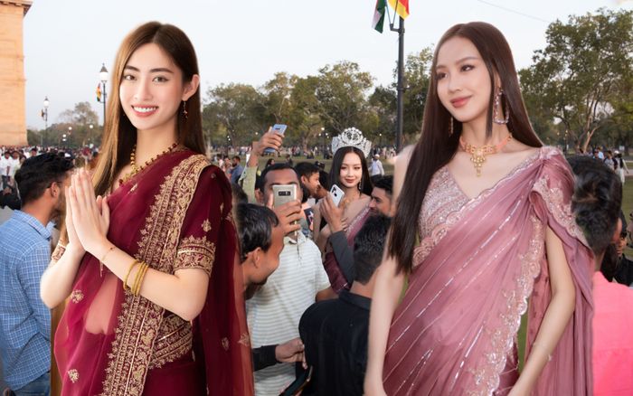 Diện trang phục sari quá đỗi xinh đẹp, Hoa hậu Bảo Ngọc và Lương Thuỳ Linh được fan Ấn Độ vây kín