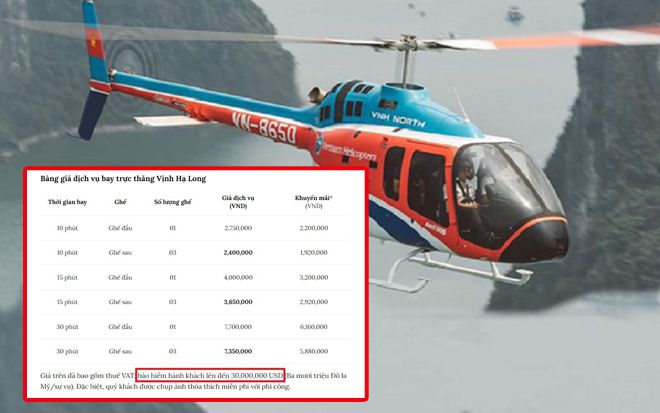 Tour đi trực thăng ngắm vịnh Hạ Long được bảo hiểm lên đến 30 triệu USD