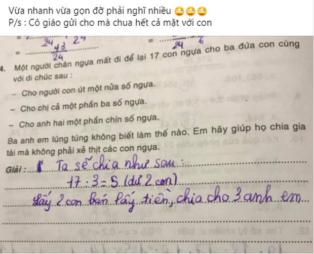 Mẹ 'chua cả mặt' khi thấy đáp án của con trai ở bài toán 'làm sao để chia đều 17 con ngựa cho 3 người?' Ảnh 2
