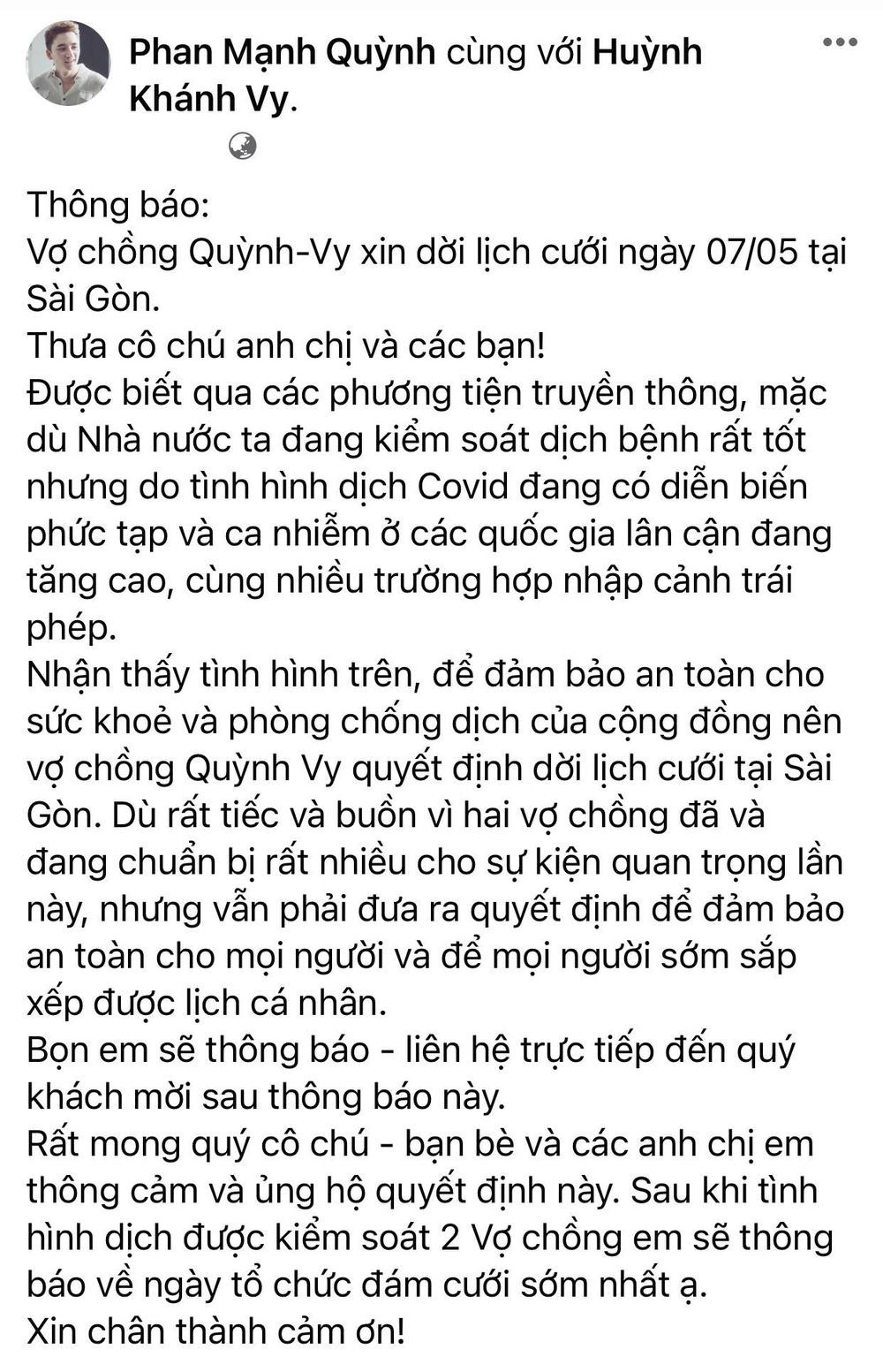 saostar el9c0qams5v3bxay Phan Mạnh Quỳnh hoãn đám cưới ở Sài Gòn vì dịch Covid 19