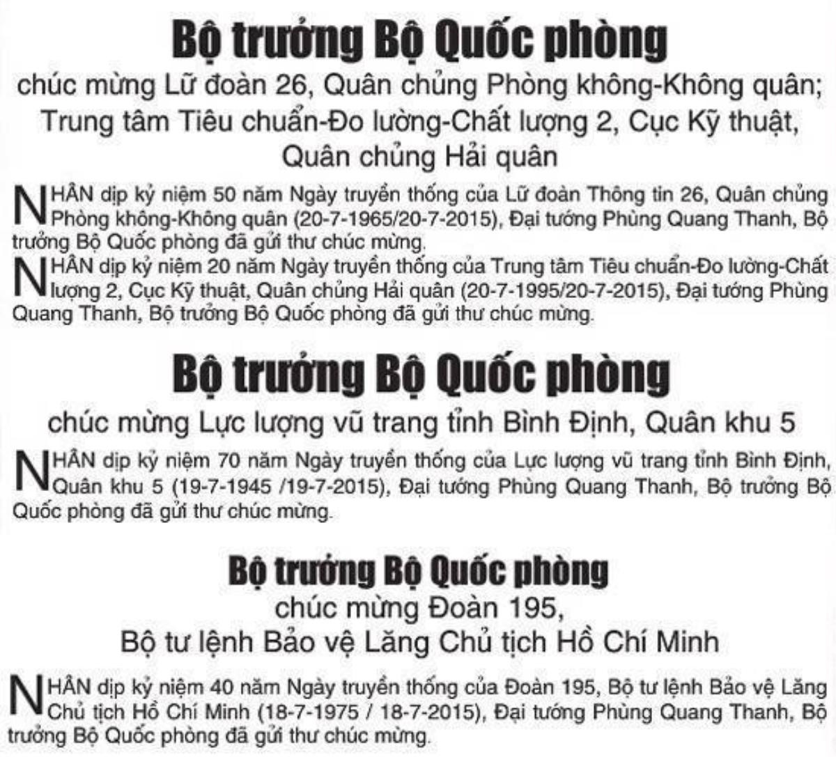 Tin Bộ trưởng Phùng Quang Thanh gửi thư chúc mừng các đơn vị trên báo Quân đội Nhân dân số ra ngày 18, 19 và 20/7.