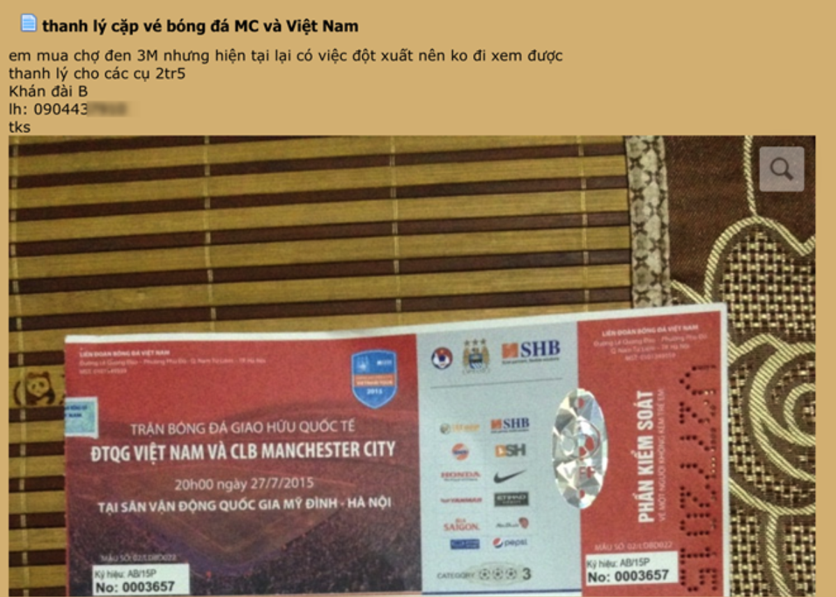 Vé chợ đen trận ĐT Việt Nam - Man City giảm ngang giá gốc