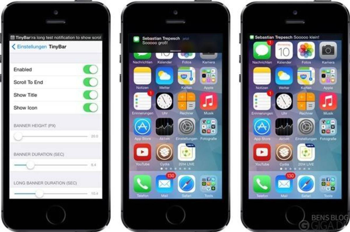 TinyBar: Thu nhỏ kích cỡ Banner của Thông báo trên Status Bar, tweak rất hữu ích với những thiết bị như iPhone 4s, 5, 5s với màn hình nhỏ. Ảnh: giga.de.