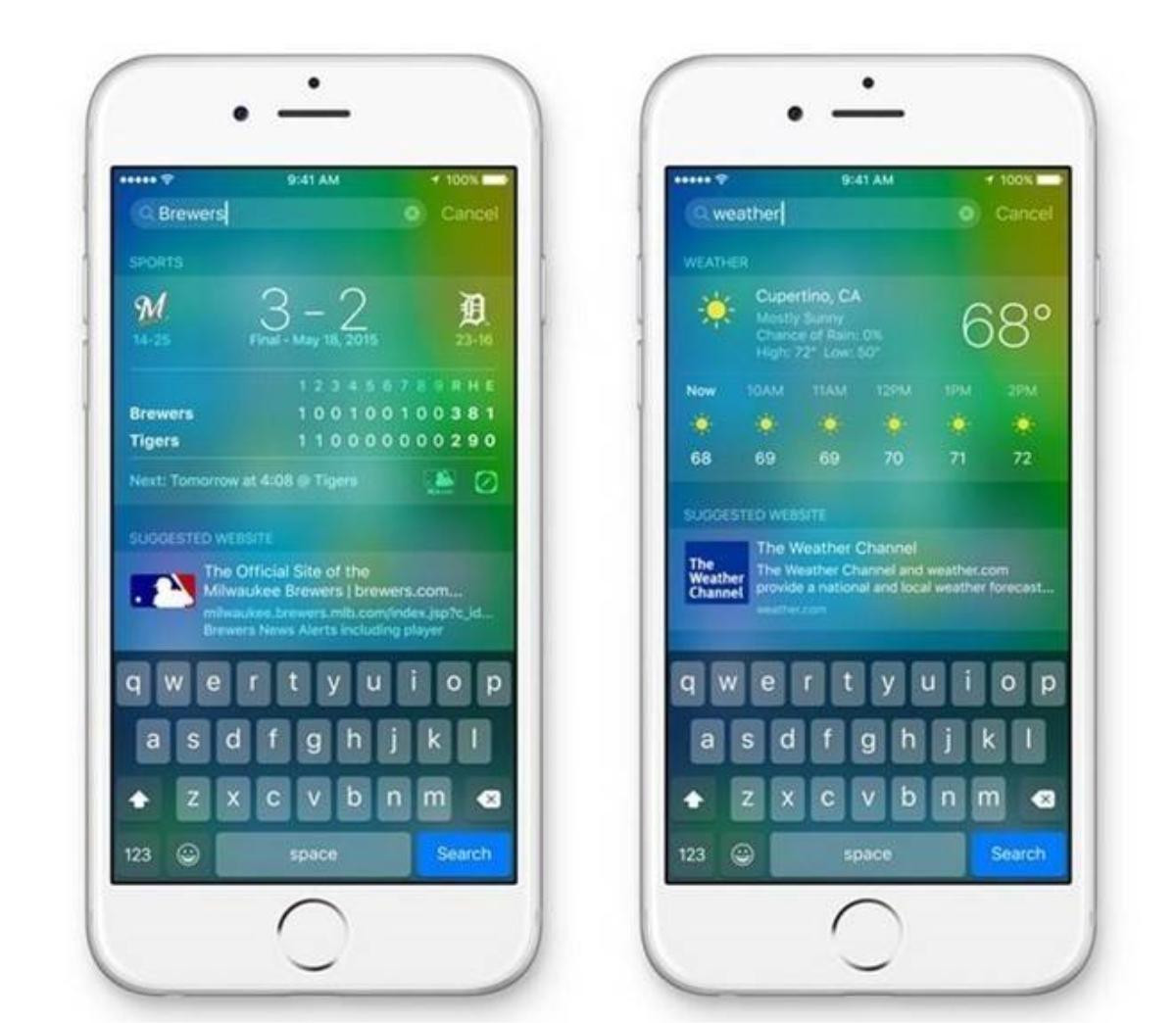 Gợi ý tìm kiếm: iOS 9 đã trở nên thông minh hơn rất nhiều, đặc biệt là trong thao tác tìm kiếm và điều này thể hiện khá rõ ràng qua menu Gợi ý tìm kiếm mới. Tính năng trên phần nào đem tới trải nghiệm gần giống như Google Now trên hệ điều hành iOS.Khi vuốt từ trái qua phải trên từ màn hình chính, người dùng có thể truy cập ngay vào các cài đặt cá nhân hóa những khuyến nghị và tin tức. Những khuyến nghị được gợi ý gồm một tập hợp các liên lạc gần đây, ứng dụng mới dùng, tin tức và địa điểm lân cận dựa trên thói quen của người dùng.