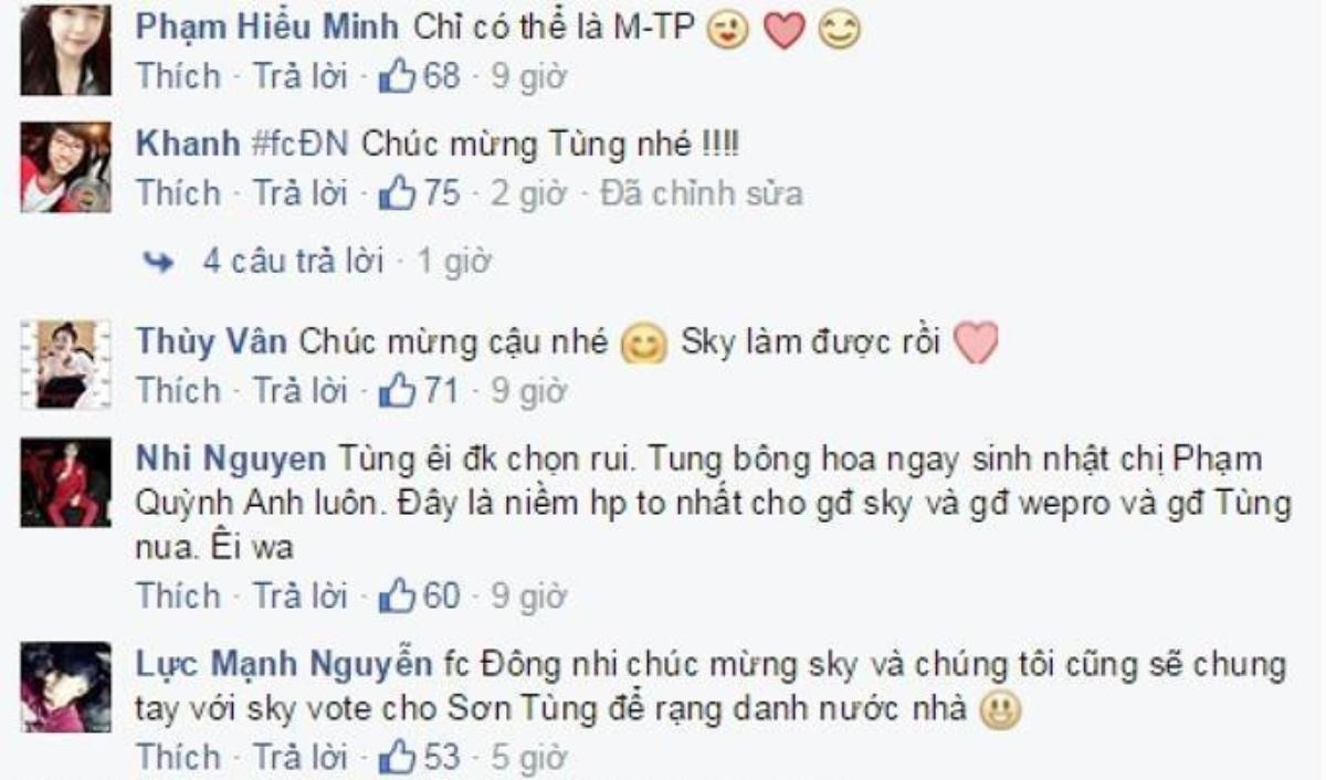 Nhiều người hâm mộ gửi lời chúc mừng đến Sơn Tùng M-TP. FC Đông Nhi và một số ca sĩ khác cũng có hành động tương tự, đồng thời họ còn hứa sẽ hợp sức bình chọn để đại diện Việt Nam có thể đi xa hơn ở EMA 2015.