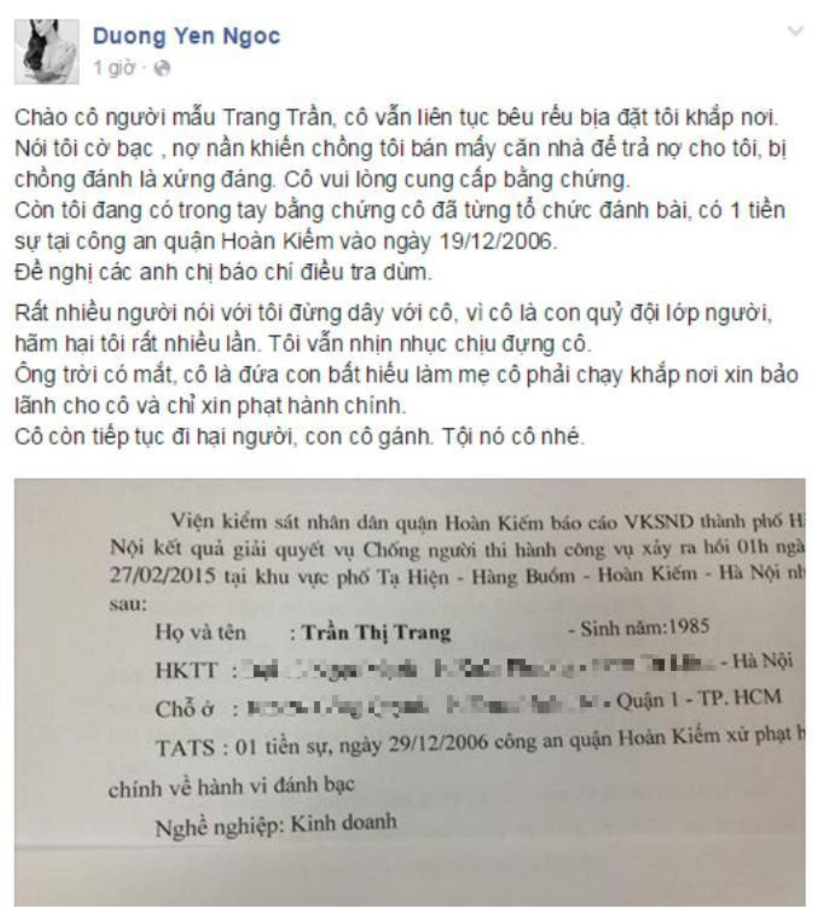 Status kèm "bằng chứng" cho thấy Trang Trần từng vướng tiền sự do Dương Yến Ngọc chia sẻ trên trang cá nhân.