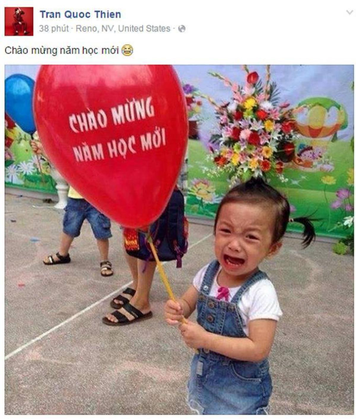 Quốc Thiên đăng tải hình ảnh một cô bé cầm bong bóng và khóc nhè trong ngày đầu tiên tới trường. Anh chia sẻ ngắn gọn: "Chúc mừng năm học mới".