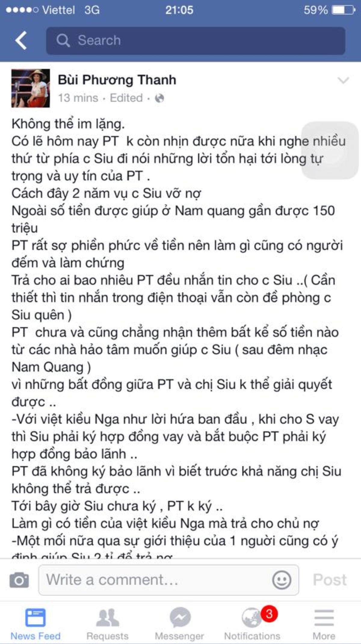 Dòng chia sẻ dài của Phương Thanh trên facebook cá nhân.