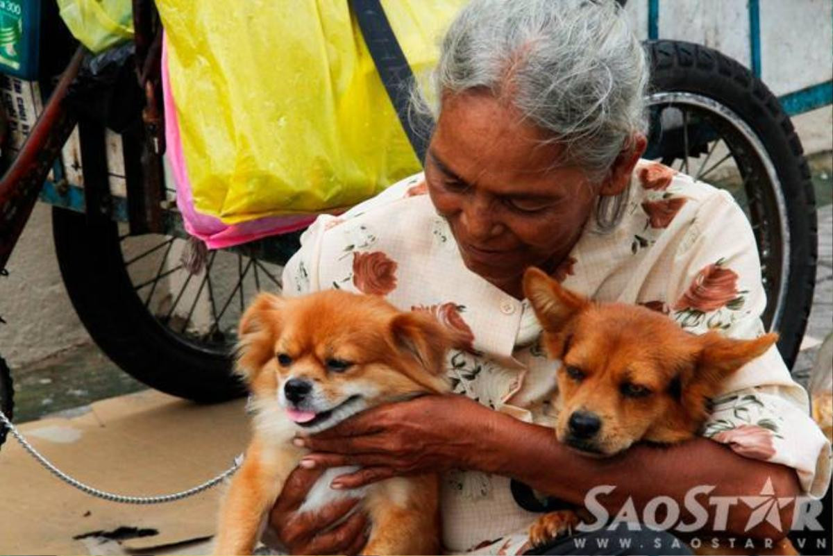 “Nhà” bà là tấm bạt cũ che tạm trên chiếc ghế bố ở vỉa hè đường Nguyễn Thông (quận 3). Hơn 2 năm qua bà làm nghề nhặt ve chai, sống cùng bà còn có 2 chú chó nhỏ, vì yêu quý chúng bà đặt tên là Ti (con cái) và Na (con đực).