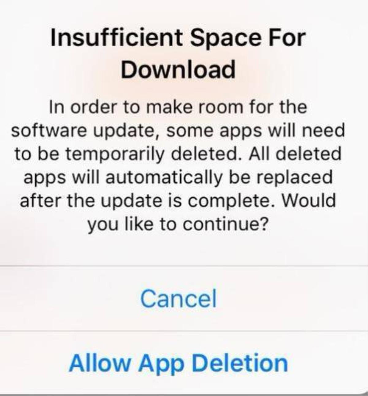Khi nâng cấp nếu thiếu dung lượng lưu trữ, iOS 9 sẽ cảnh báo và đề nghị bạn cho phép xóa bớt ứng dụng rồi sẽ tự động cài lại sau khi hoàn tất
