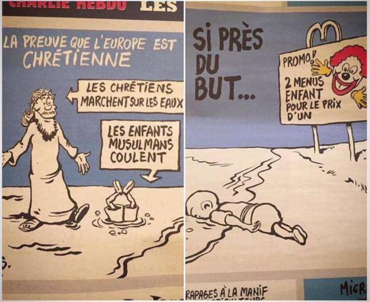 Ấn phẩm mới nhất của tờ báo châm biếm nổi tiếng Charlie Hebdo gây sốc bằng việc đem hình ảnh đứa bé Syria chết trên bờ biển Thổ Nhĩ Kỳ Aylan Kurdi làm trò cười. Hành động này của tòa soạn Pháp đã khiến dư luận phẫn nộ bởi tính bài ngoại và kì thị tôn giáo. Số báo này ra đời sau 9 tháng kể từ ngày Charlie Hebdo bị lực lượng Hồi Giáo tấn công, giết chết 12 nhân viên do nhiều lần đem Đấng tiên tri vĩ đại Muhammad ra chỉ trích châm biếm. 