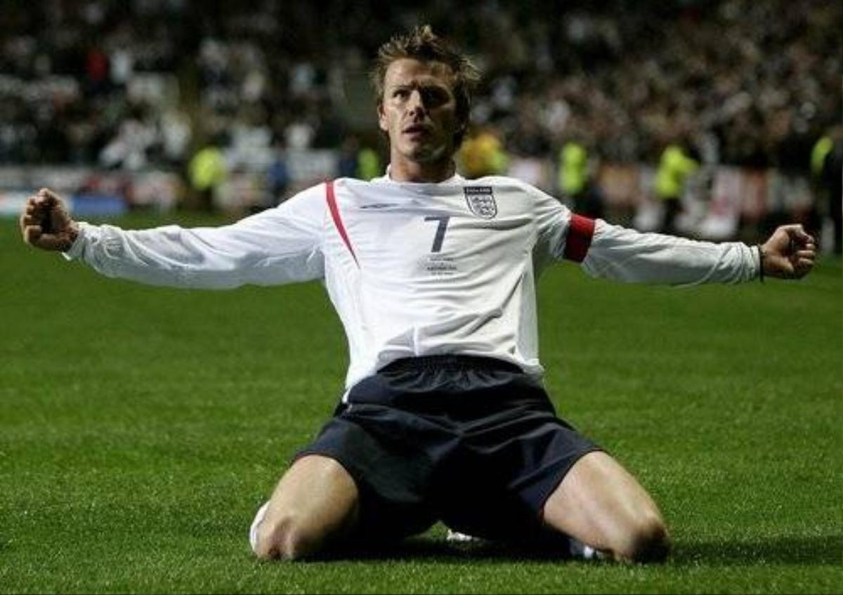 File photo of England's Beckham celebrating goal against Azerbaijan in World Cup qualifying soccer match in Newcastle