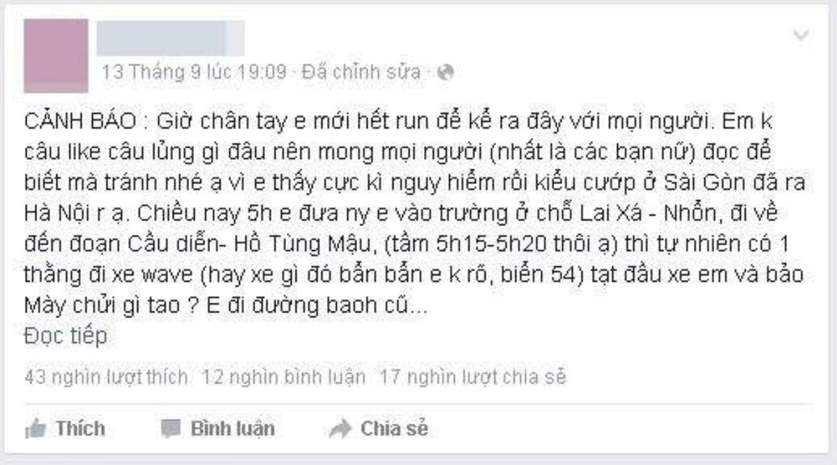 Câu chuyện mà P.N chia sẻ trên trang cá nhân.