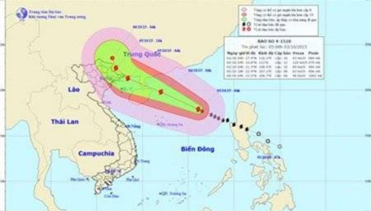 Dự báo đường đi và khu vực ảnh hưởng của bão cơn bão số 4. Ảnh: Trung tâm Dự báo khí tượng thủy văn TƯ.