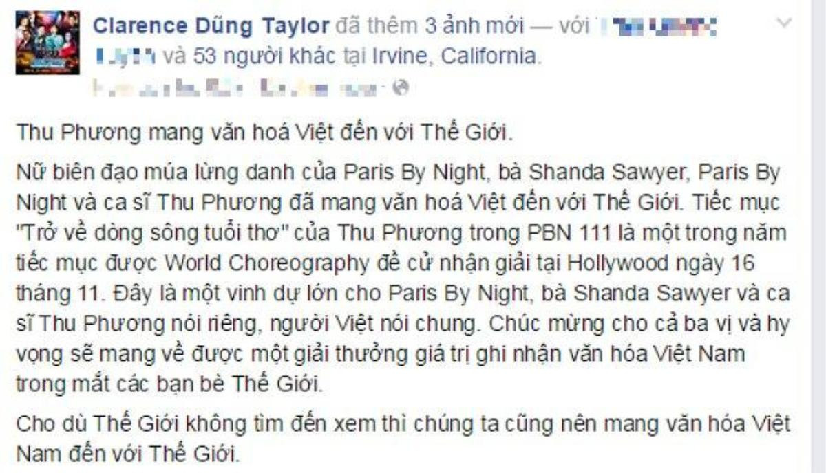 Status về việc Thu Phương lọt đề cử của bầu show Dũng Taylor.