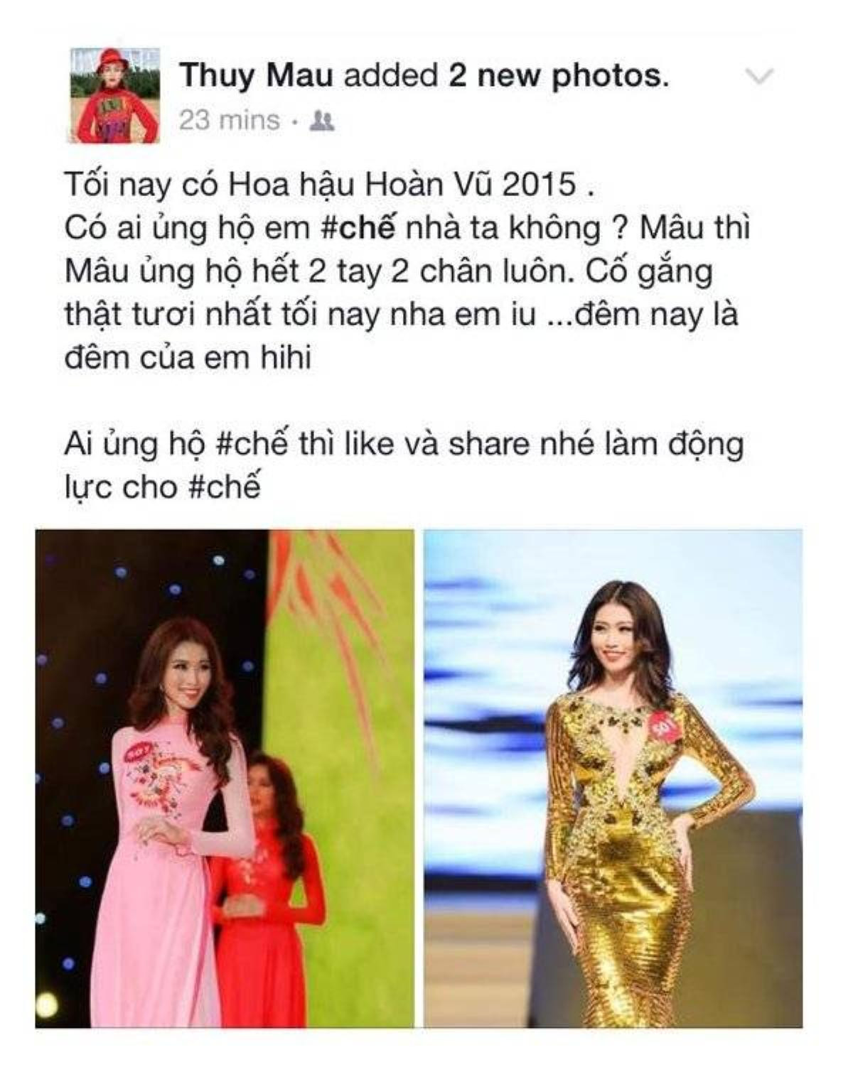 Quán quân Vietnam's Next Top Model 2013 Mâu Thủy cũng gửi lời ủng hộ "hai tay hai chân" đến đàn em.