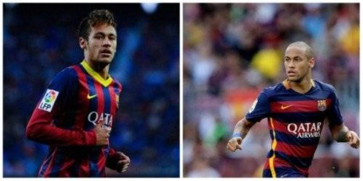 Hình ảnh trước và sau khi Neymar... xuống tóc. Mái tóc chất lừ biến mất, thay vào đó là cái đầu trọc nhìn như dân anh chị.