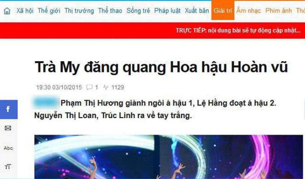 Trước thời điểm có kết quả chính thức khá lâu, Zing.vn đưa tin Trà My đăng quang Hoa hậu Hoàn vũ Việt Nam 2015.