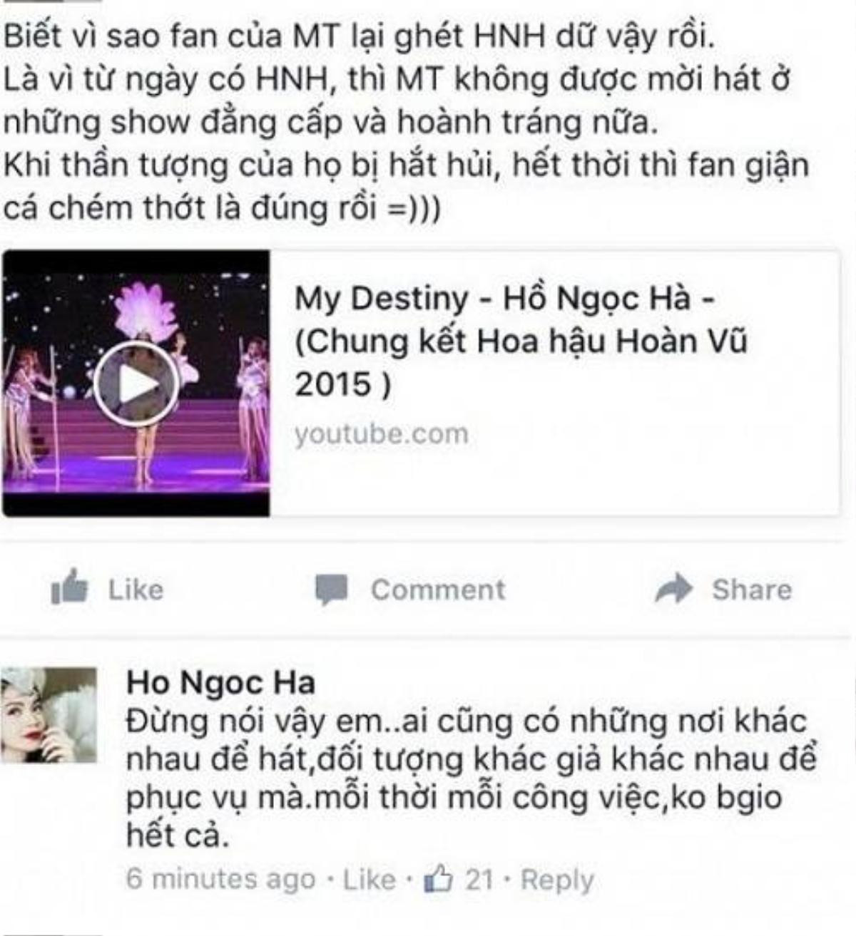 Hồ Ngọc Hà để lại bình luận nhắc khéo một fan vì người này có những lời lẽ không hay về Mỹ Tâm.